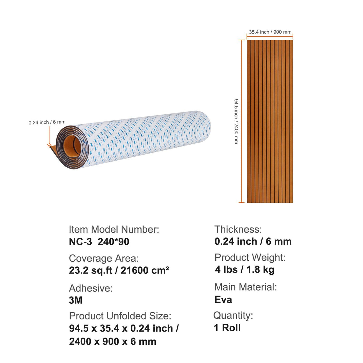 Boat Flooring, EVA Foam Boat Decking 94.5" x 35.4", Non-Slip Self-Adhesive Flooring, 23.2 sq.ft Marine Carpet for Boats, Yacht, Pontoon, Kayak Decking