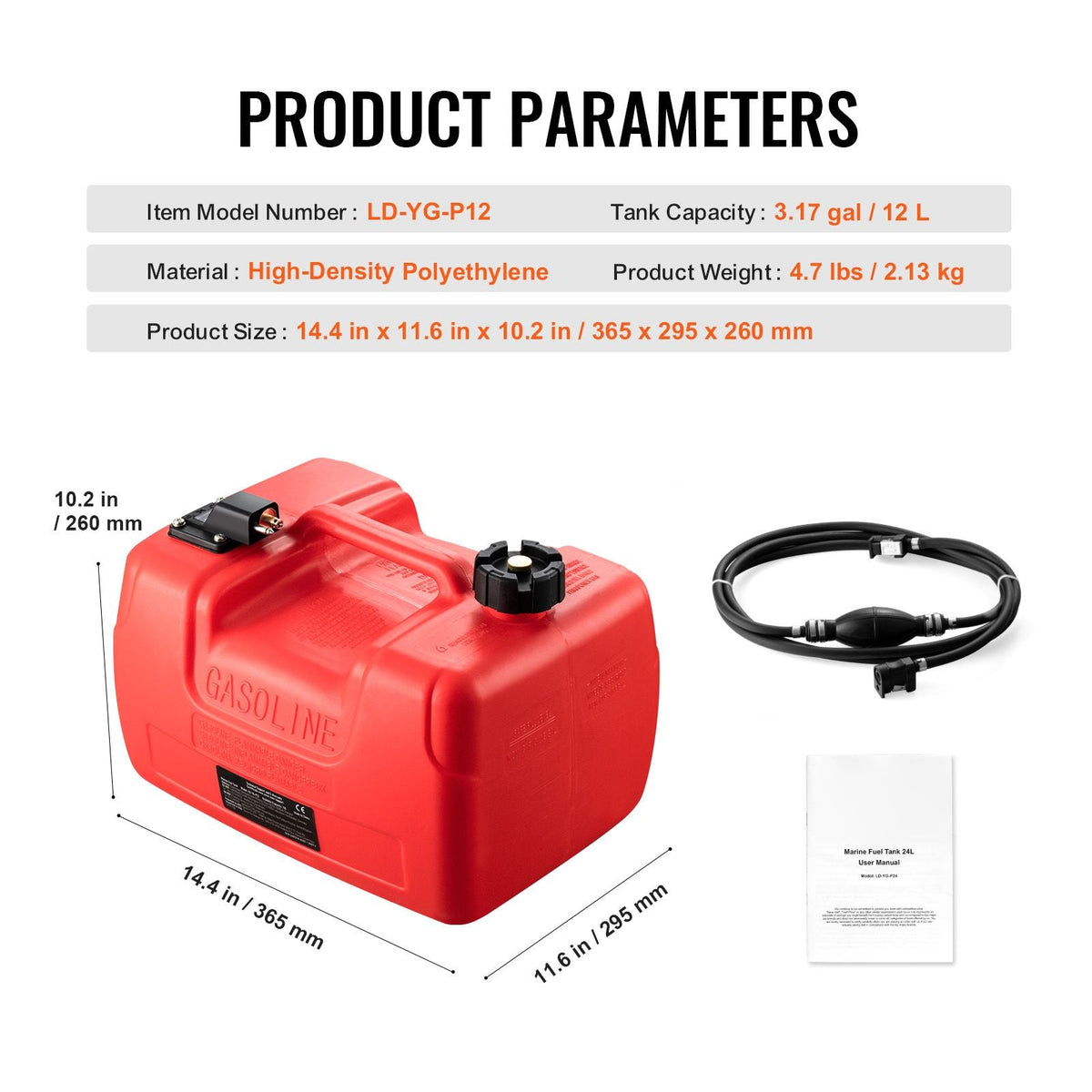 Boat Fuel Tank, 3.17-Gallon/12-L Marine Outboard Transfer Tank, Transfer Tank with 9.8ft Hose, Gauge for Outboard Engine, Yacht, Fishing Boat, Deck, Red