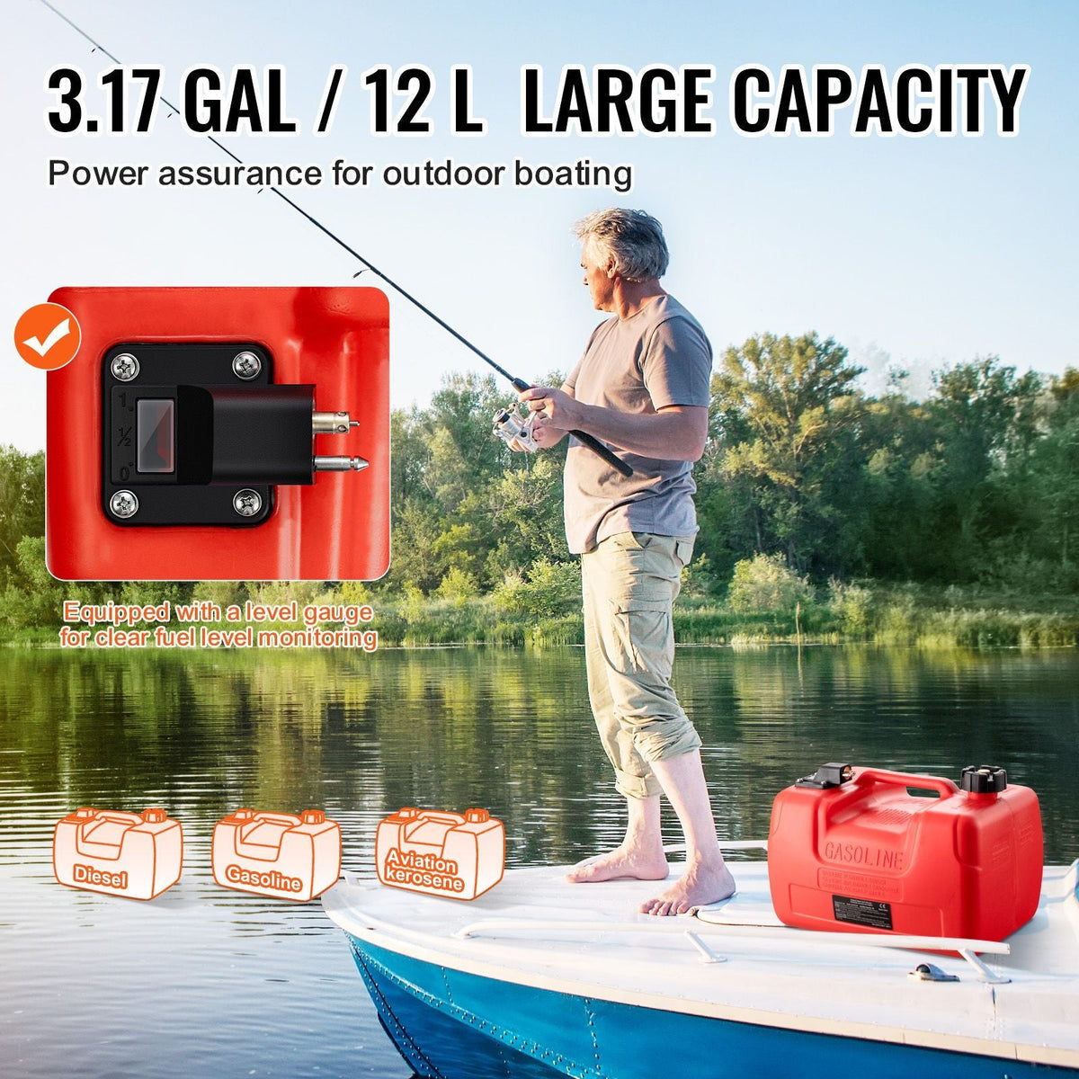 Boat Fuel Tank, 3.17-Gallon/12-L Marine Outboard Transfer Tank, Transfer Tank with 9.8ft Hose, Gauge for Outboard Engine, Yacht, Fishing Boat, Deck, Red