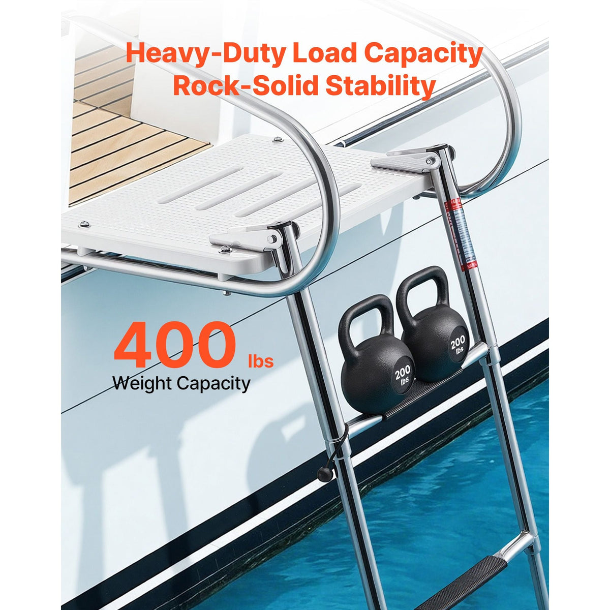 Boat Ladder, 3 Steps, Stainless Steel Telescoping Folding Swim Deck Ladder for Rear Entry Inboard, 400 lbs Capacity with Wide Anti-Slip Steps & Handrails, for Outboards, Yacht, Pontoon Boats