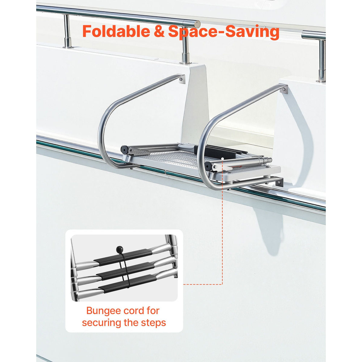 Boat Ladder, 3 Steps, Stainless Steel Telescoping Folding Swim Deck Ladder for Rear Entry Inboard, 400 lbs Capacity with Wide Anti-Slip Steps & Handrails, for Outboards, Yacht, Pontoon Boats