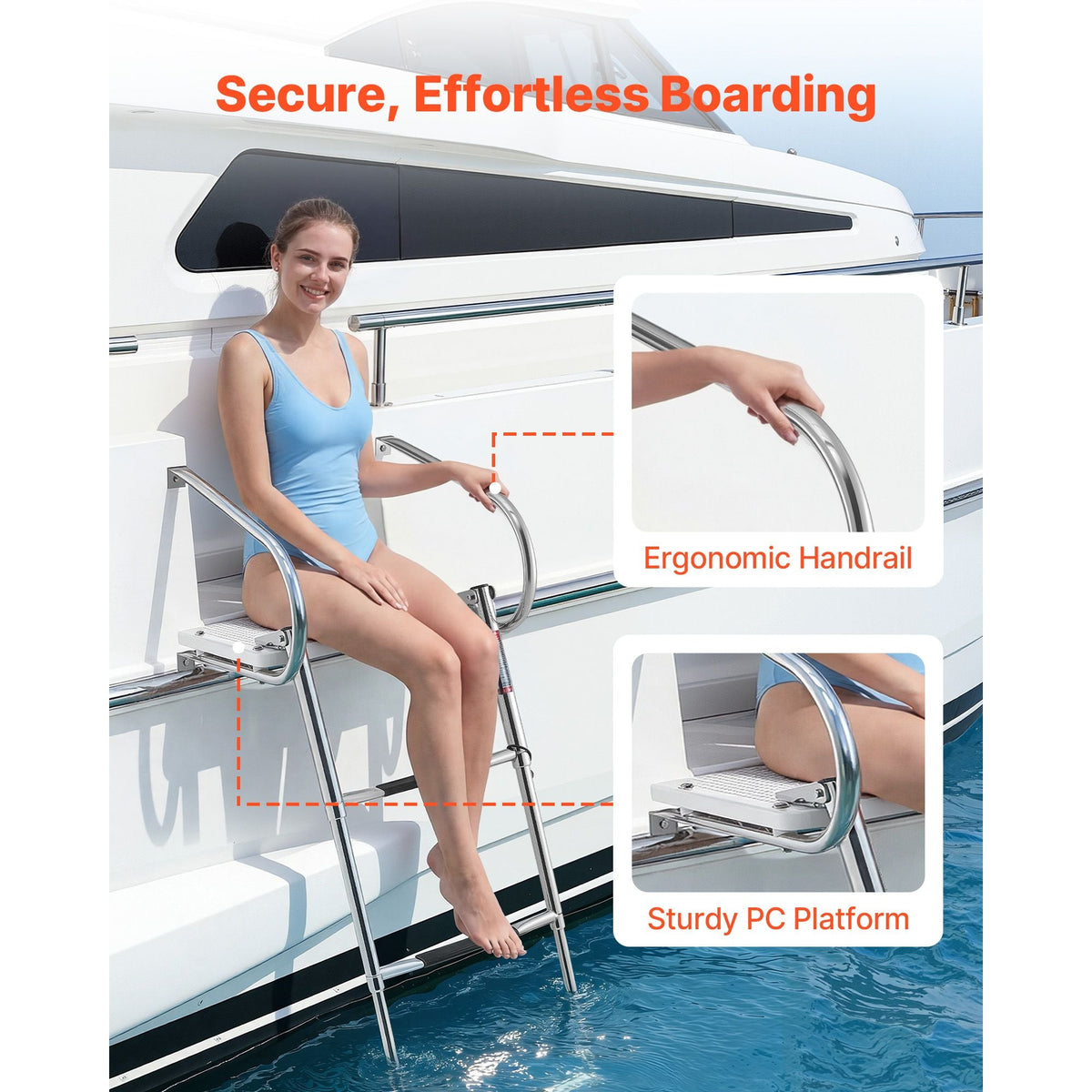 Boat Ladder, 3 Steps, Stainless Steel Telescoping Folding Swim Deck Ladder for Rear Entry Inboard, 400 lbs Capacity with Wide Anti-Slip Steps & Handrails, for Outboards, Yacht, Pontoon Boats