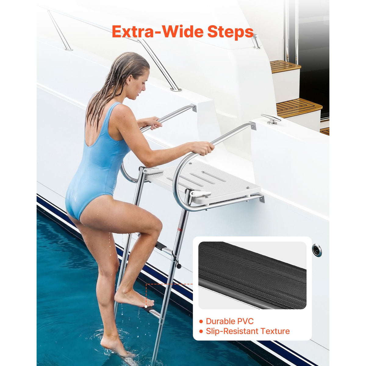 Boat Ladder, 3 Steps, Stainless Steel Telescoping Folding Swim Deck Ladder for Rear Entry Inboard, 400 lbs Capacity with Wide Anti-Slip Steps & Handrails, for Outboards, Yacht, Pontoon Boats