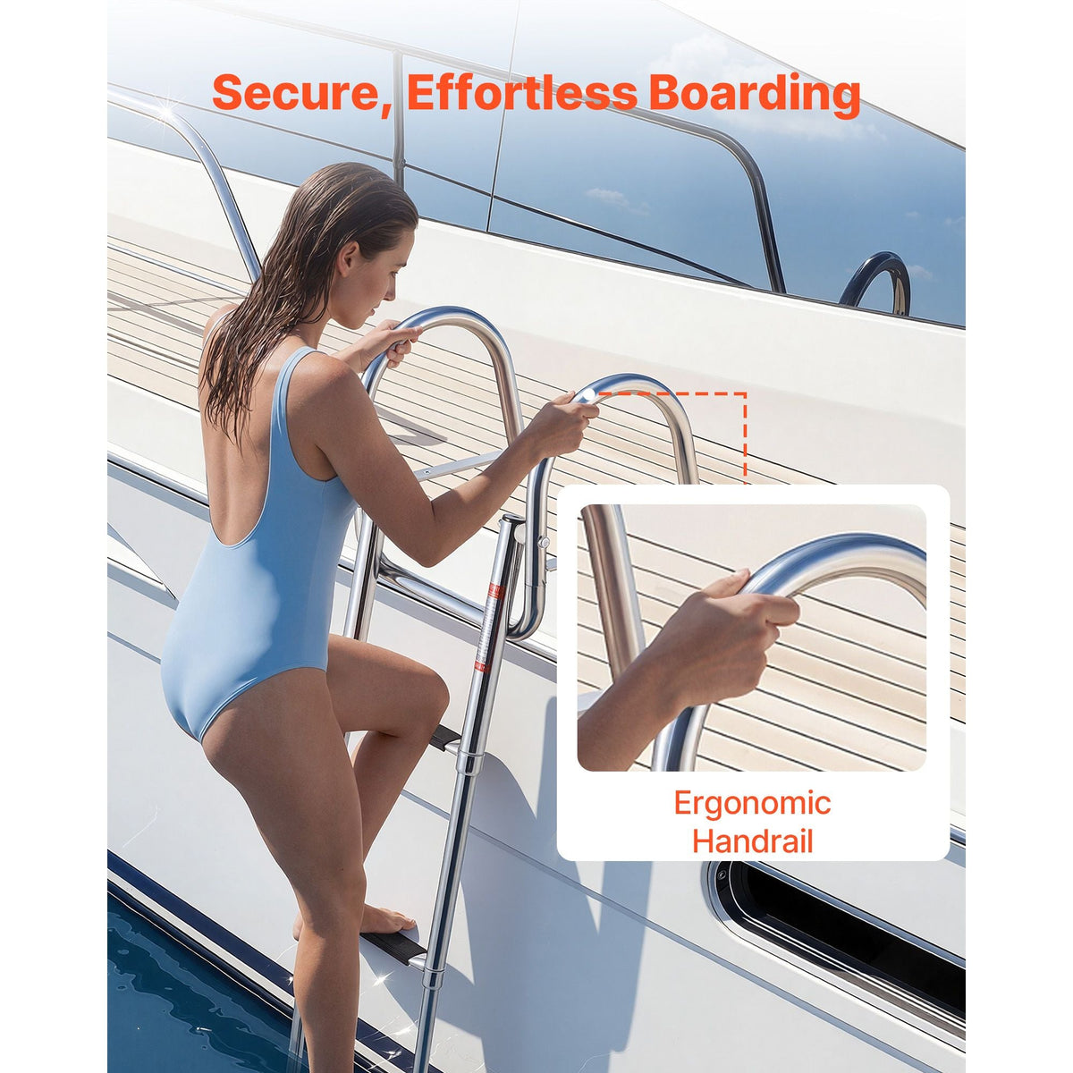 Boat Ladder, 3 Steps, Stainless Steel Telescoping Folding Swim Deck Ladder for Rear Entry Inboard, 600 lbs Capacity with Wide Anti-Slip Steps & Handrails, for Outboards, Yacht, Pontoon Boats