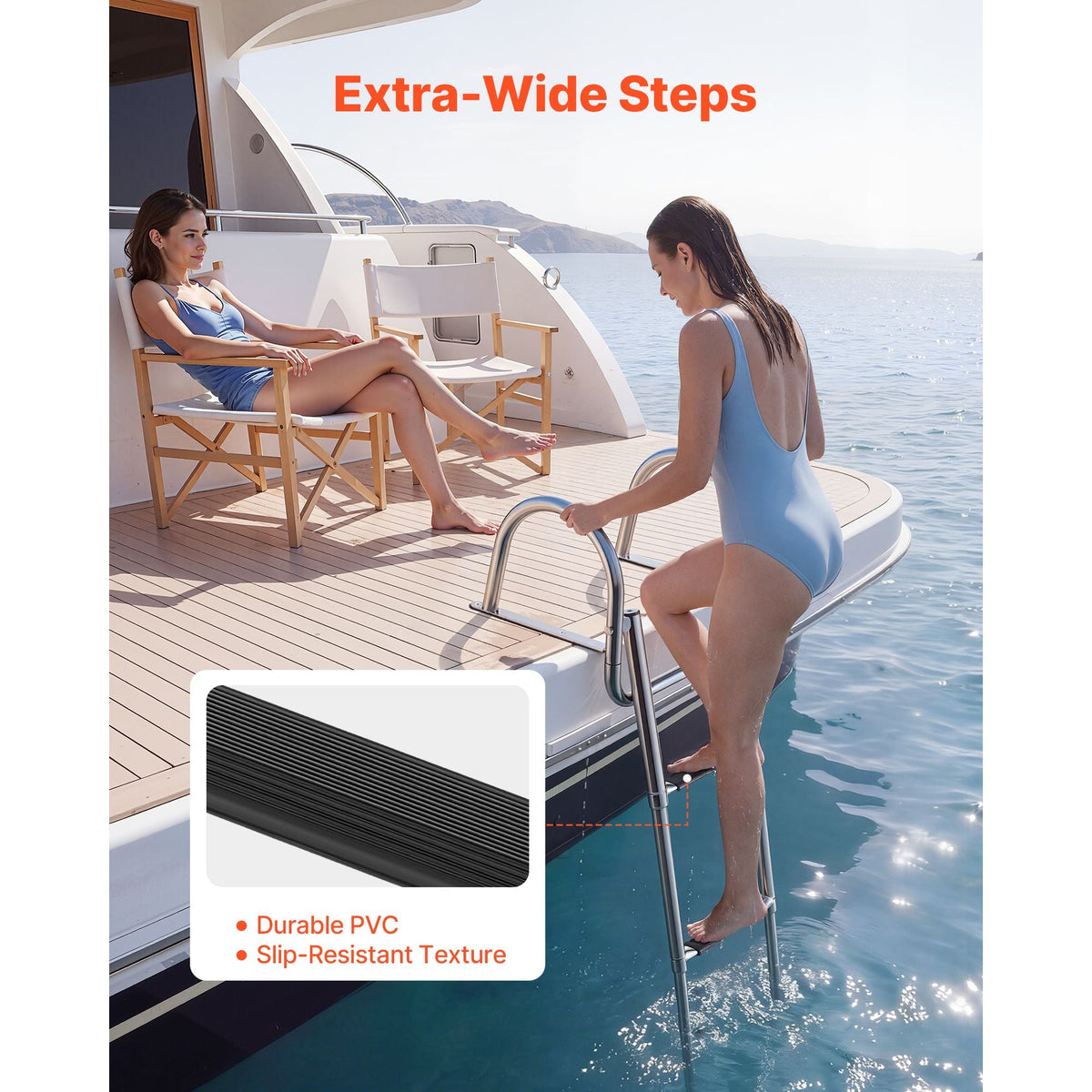 Boat Ladder, 3 Steps, Stainless Steel Telescoping Folding Swim Deck Ladder for Rear Entry Inboard, 600 lbs Capacity with Wide Anti-Slip Steps & Handrails, for Outboards, Yacht, Pontoon Boats