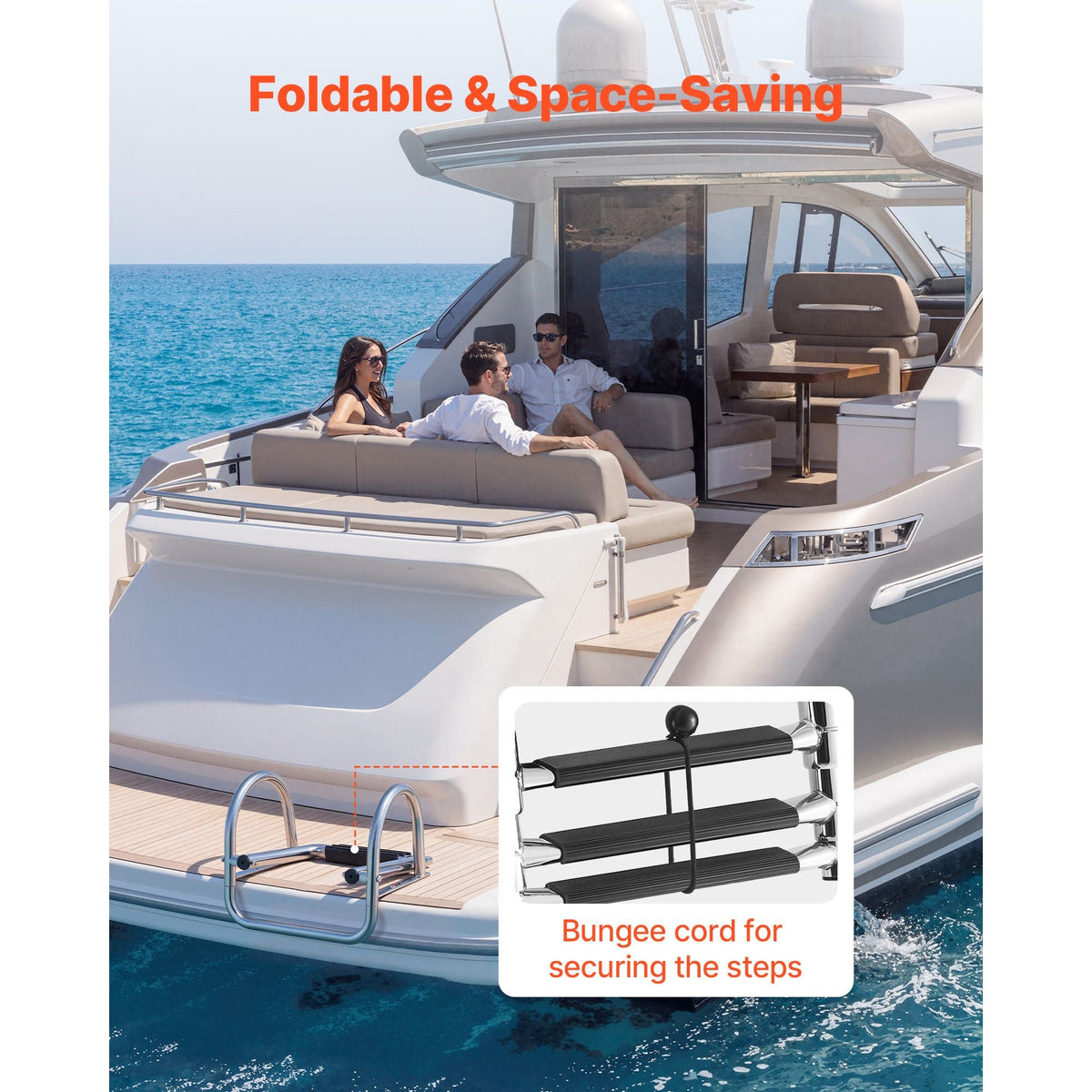 Boat Ladder, 3 Steps, Stainless Steel Telescoping Folding Swim Deck Ladder for Rear Entry Inboard, 600 lbs Capacity with Wide Anti-Slip Steps & Handrails, for Outboards, Yacht, Pontoon Boats
