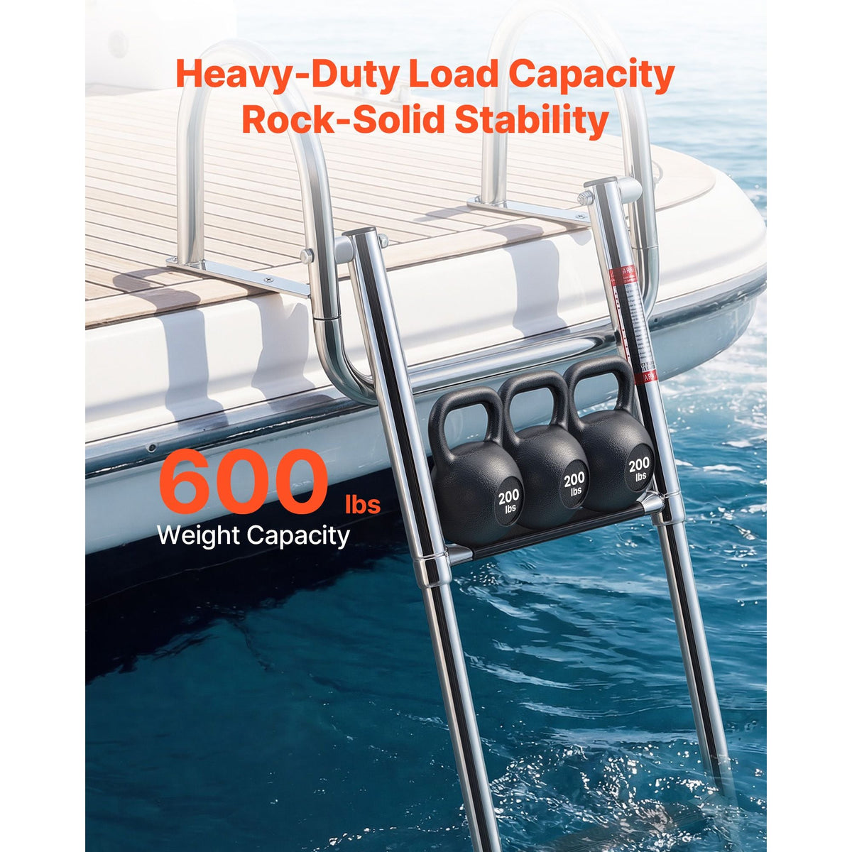 Boat Ladder, 3 Steps, Stainless Steel Telescoping Folding Swim Deck Ladder for Rear Entry Inboard, 600 lbs Capacity with Wide Anti-Slip Steps & Handrails, for Outboards, Yacht, Pontoon Boats