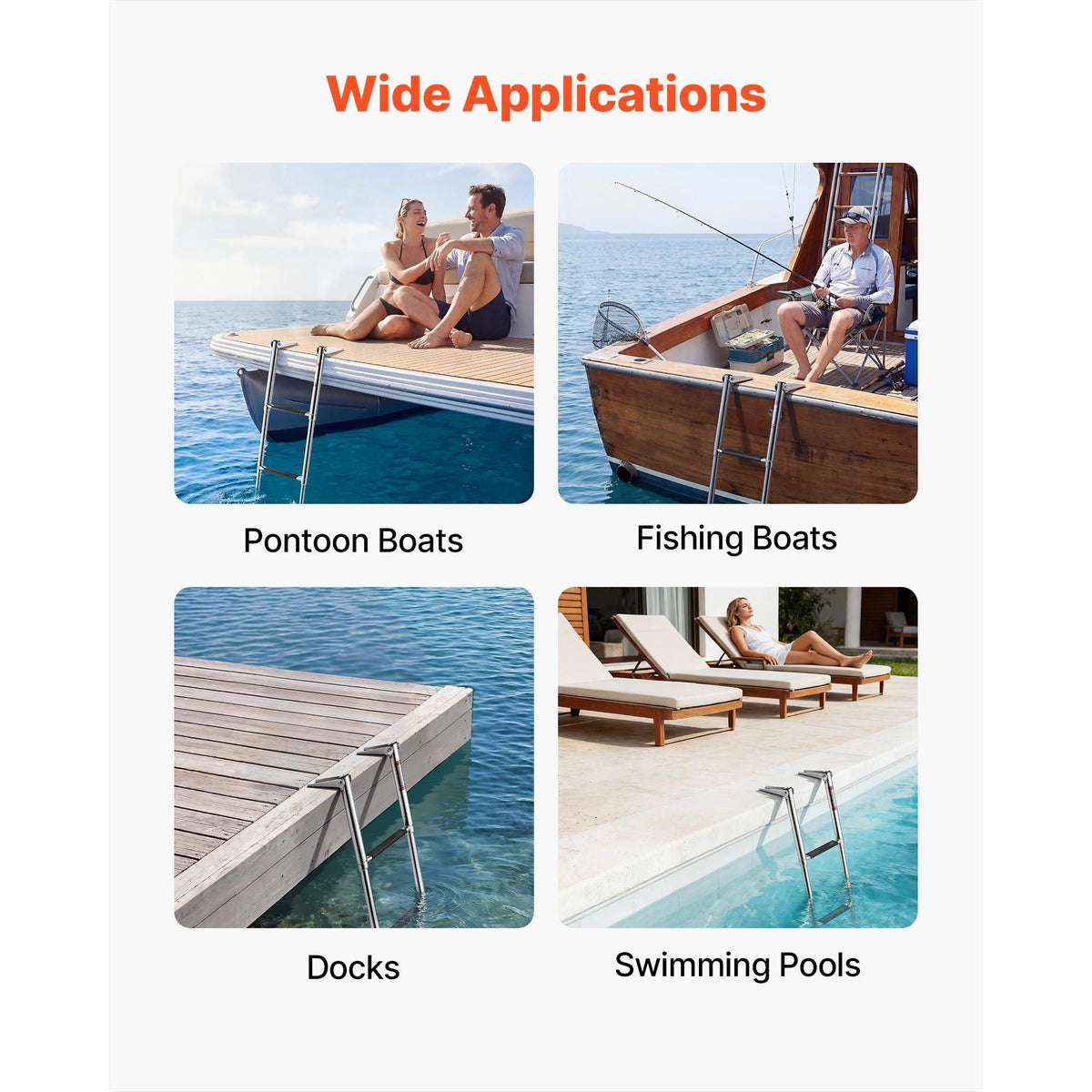Boat Ladder, 3 Steps, Stainless Steel Telescoping Folding Swim Deck Ladder for Rear Entry Inboard, Heavy Duty 600 lbs Capacity with Wide Anti-Slip Steps, for Outboards, Yacht, Pontoon Boats