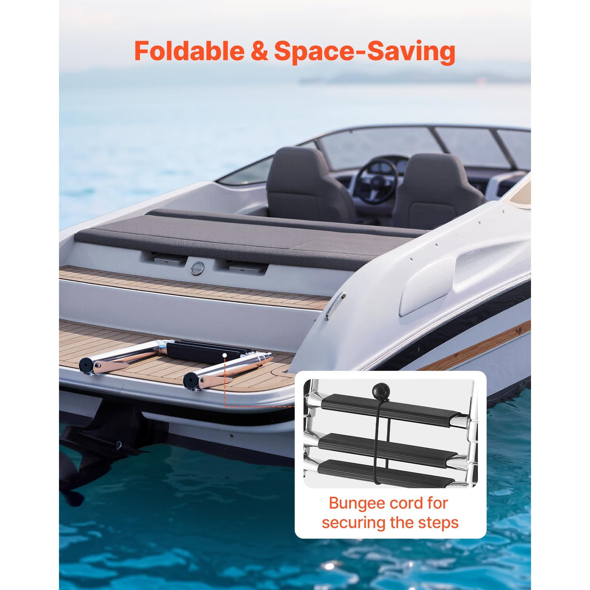 Boat Ladder, 3 Steps, Stainless Steel Telescoping Folding Swim Deck Ladder for Rear Entry Inboard, Heavy Duty 600 lbs Capacity with Wide Anti-Slip Steps, for Outboards, Yacht, Pontoon Boats