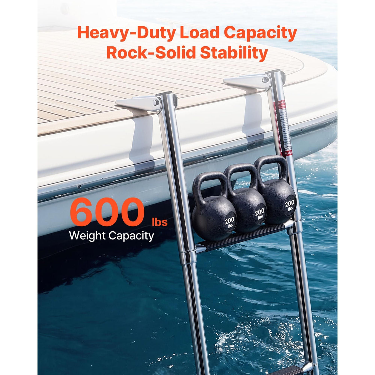 Boat Ladder, 3 Steps, Stainless Steel Telescoping Folding Swim Deck Ladder for Rear Entry Inboard, Heavy Duty 600 lbs Capacity with Wide Anti-Slip Steps, for Outboards, Yacht, Pontoon Boats