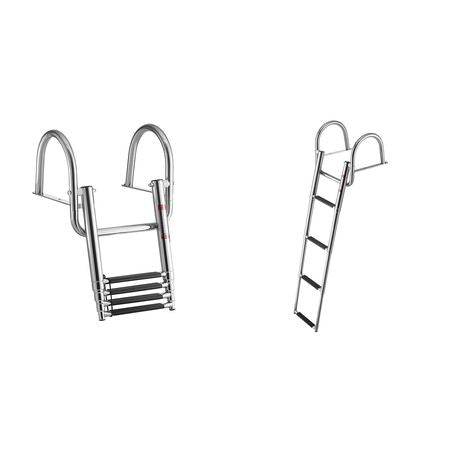 Boat Ladder, 4 Steps, Stainless Steel Telescoping Folding Swim Deck Ladder for Rear Entry Inboard, 600 lbs Capacity with Wide Anti-Slip Steps & Handrails, for Outboards, Yacht, Pontoon Boats