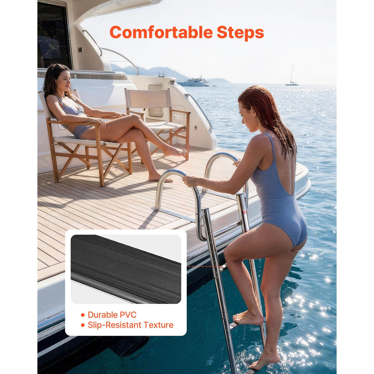 Boat Ladder, 4 Steps, Stainless Steel Telescoping Folding Swim Deck Ladder for Rear Entry Inboard, 600 lbs Capacity with Wide Anti-Slip Steps & Handrails, for Outboards, Yacht, Pontoon Boats