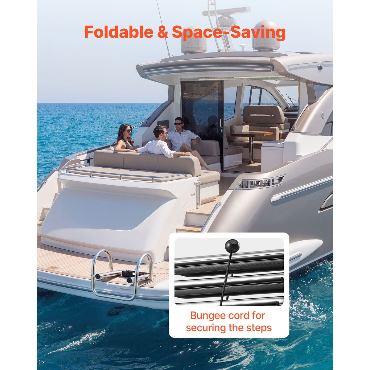 Boat Ladder, 4 Steps, Stainless Steel Telescoping Folding Swim Deck Ladder for Rear Entry Inboard, 600 lbs Capacity with Wide Anti-Slip Steps & Handrails, for Outboards, Yacht, Pontoon Boats