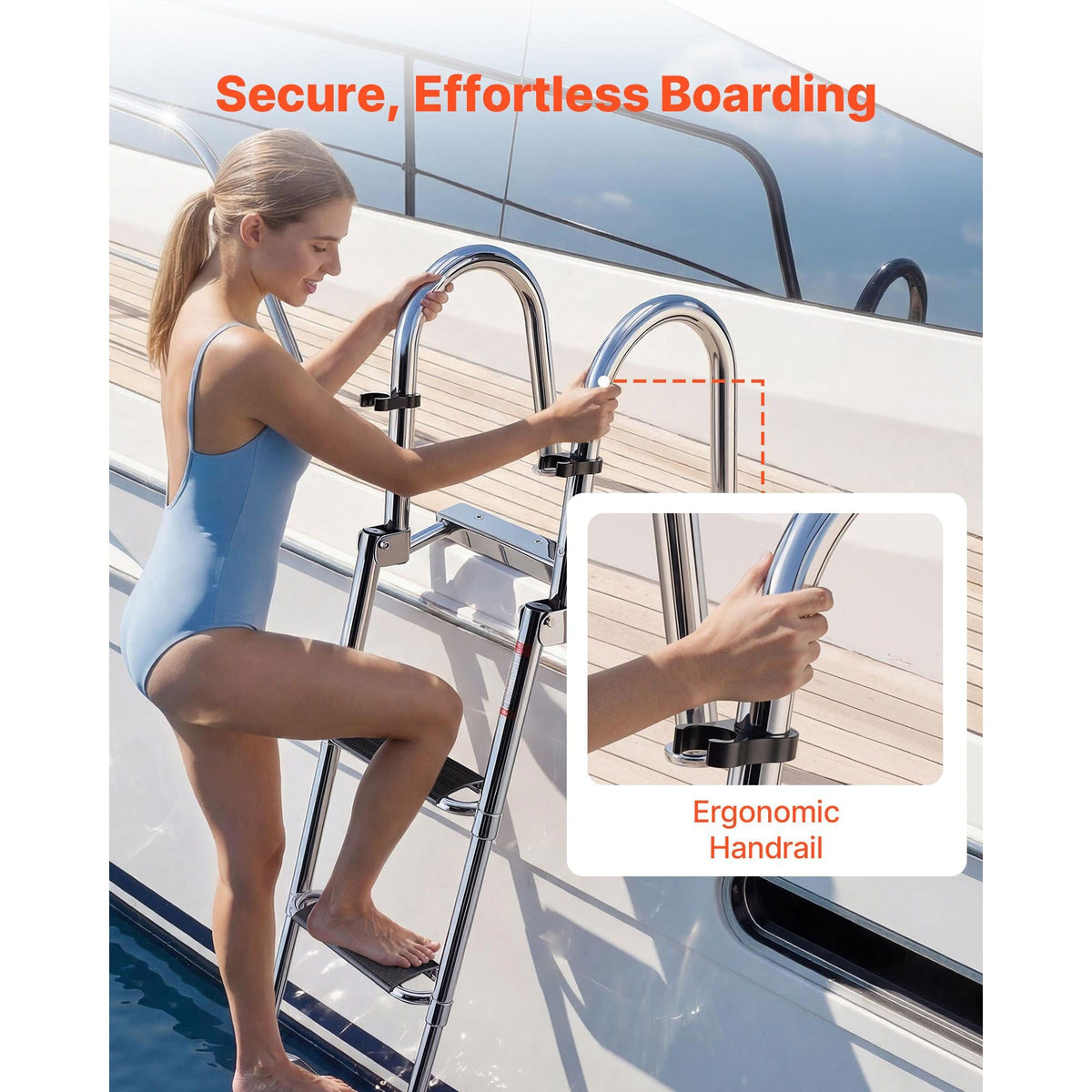 Boat Ladder, 4 Steps, Stainless Steel Telescoping Folding Swim Deck Ladder for Rear Entry Inboard, 600lbs Capacity with Extra Wide Anti-Slip Steps & Handrails, for Outboards, Yacht, Pontoon Boat