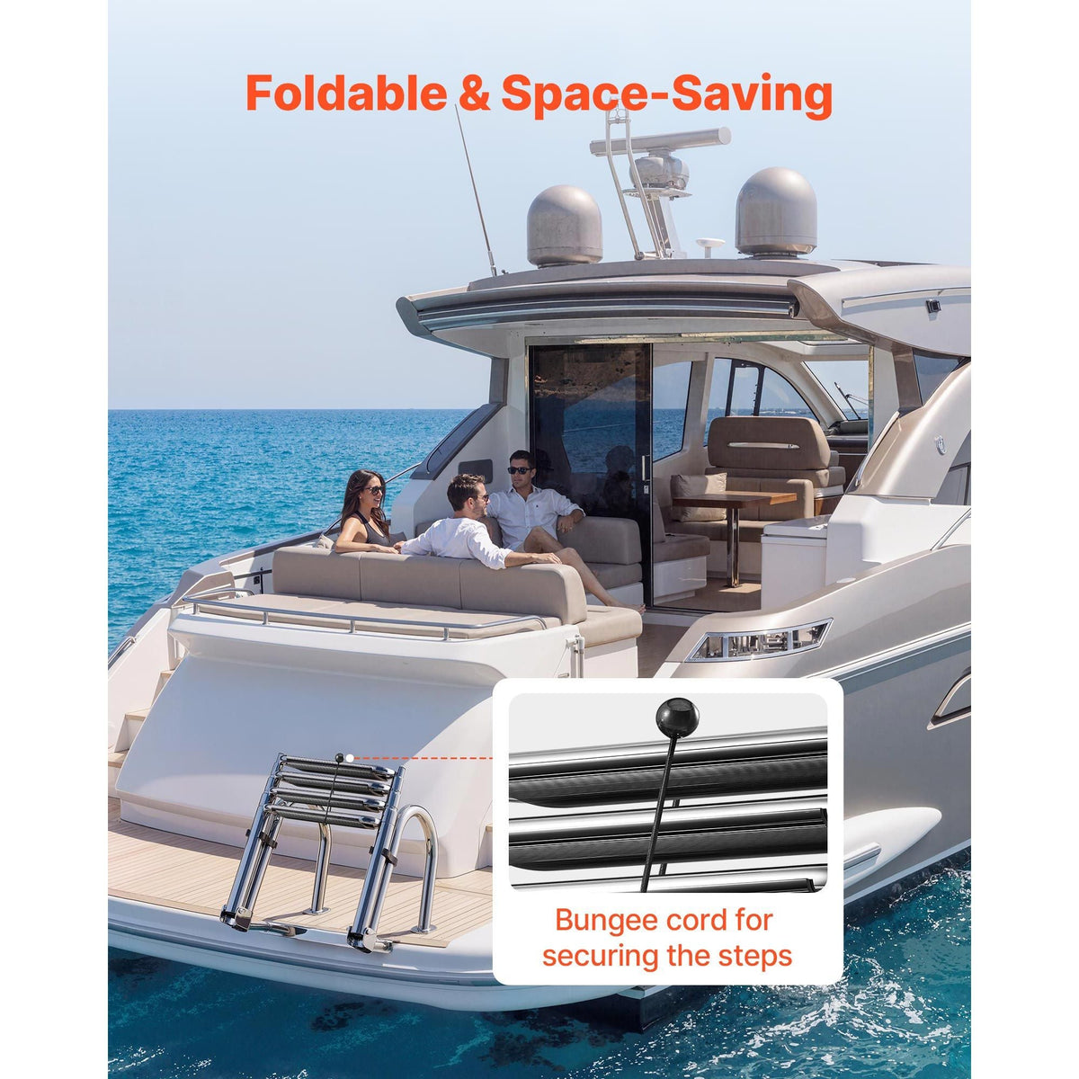 Boat Ladder, 4 Steps, Stainless Steel Telescoping Folding Swim Deck Ladder for Rear Entry Inboard, 600lbs Capacity with Extra Wide Anti-Slip Steps & Handrails, for Outboards, Yacht, Pontoon Boat