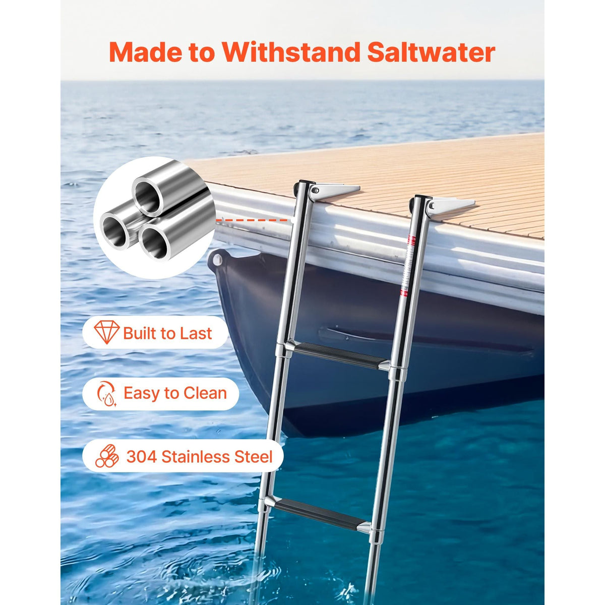 Boat Ladder, 4 Steps, Stainless Steel Telescoping Folding Swim Deck Ladder for Rear Entry Inboard, Heavy Duty 900 lbs Capacity with Wide Anti-Slip Steps, for Outboards, Yacht, Pontoon Boats