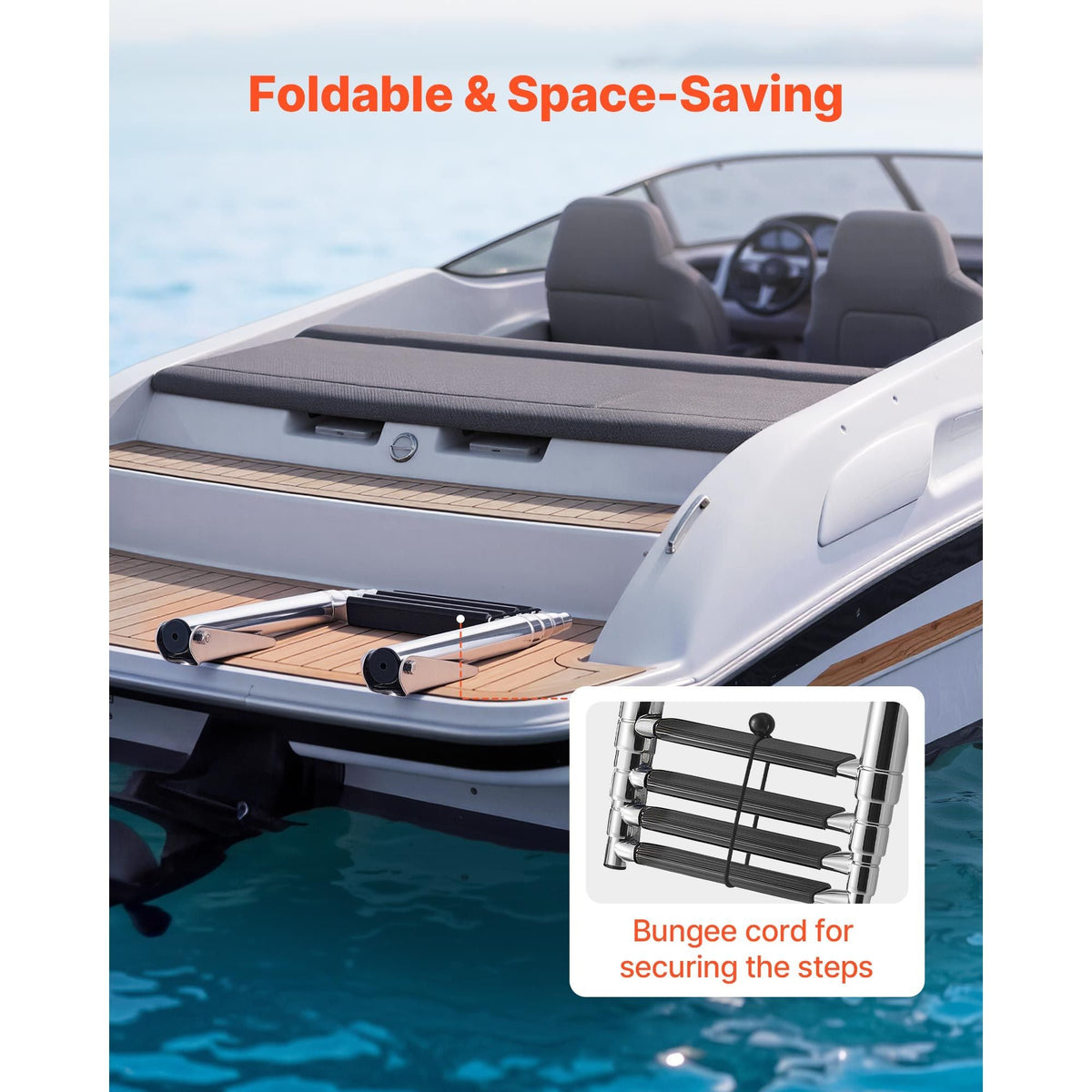 Boat Ladder, 4 Steps, Stainless Steel Telescoping Folding Swim Deck Ladder for Rear Entry Inboard, Heavy Duty 900 lbs Capacity with Wide Anti-Slip Steps, for Outboards, Yacht, Pontoon Boats