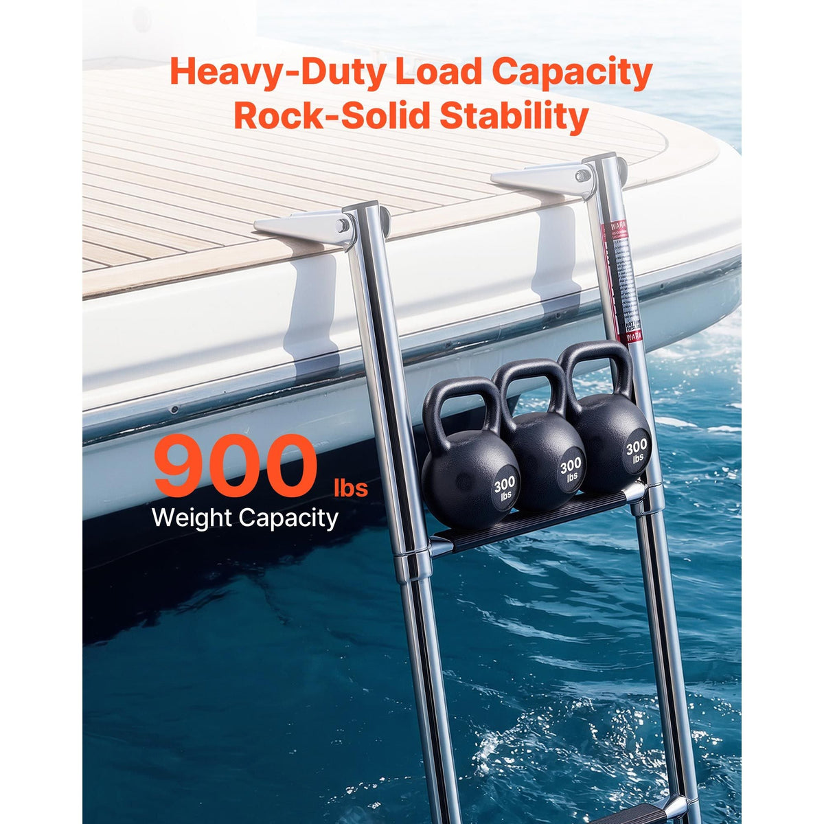 Boat Ladder, 4 Steps, Stainless Steel Telescoping Folding Swim Deck Ladder for Rear Entry Inboard, Heavy Duty 900 lbs Capacity with Wide Anti-Slip Steps, for Outboards, Yacht, Pontoon Boats