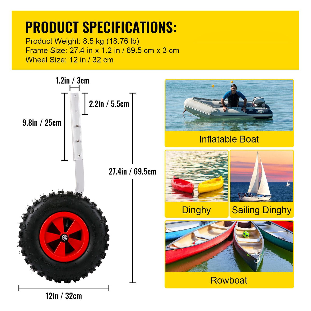 Boat Launching Wheels, 12\" Boat Transom Launching Wheel, 500 LBS Loading Capacity Inflatable Boat Launch Wheels, Aluminium Alloy Transom Launching Dolly Wheels with 4 PCS of Quick Release Pins