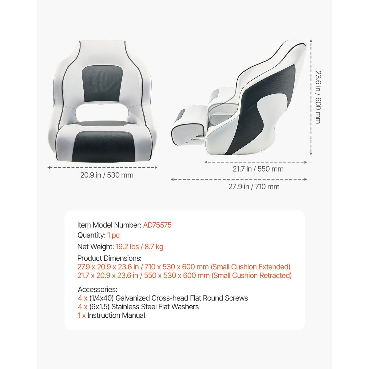 Boat Seat, High Backrest, Flip Up Boat Seat Captain Bucket Seat with Thickened Sponge Cushion & Waterproof PVC Leather, Ergonomic Design, Folding Boat Seat for Boats, Yachts, Ships, White & Grey