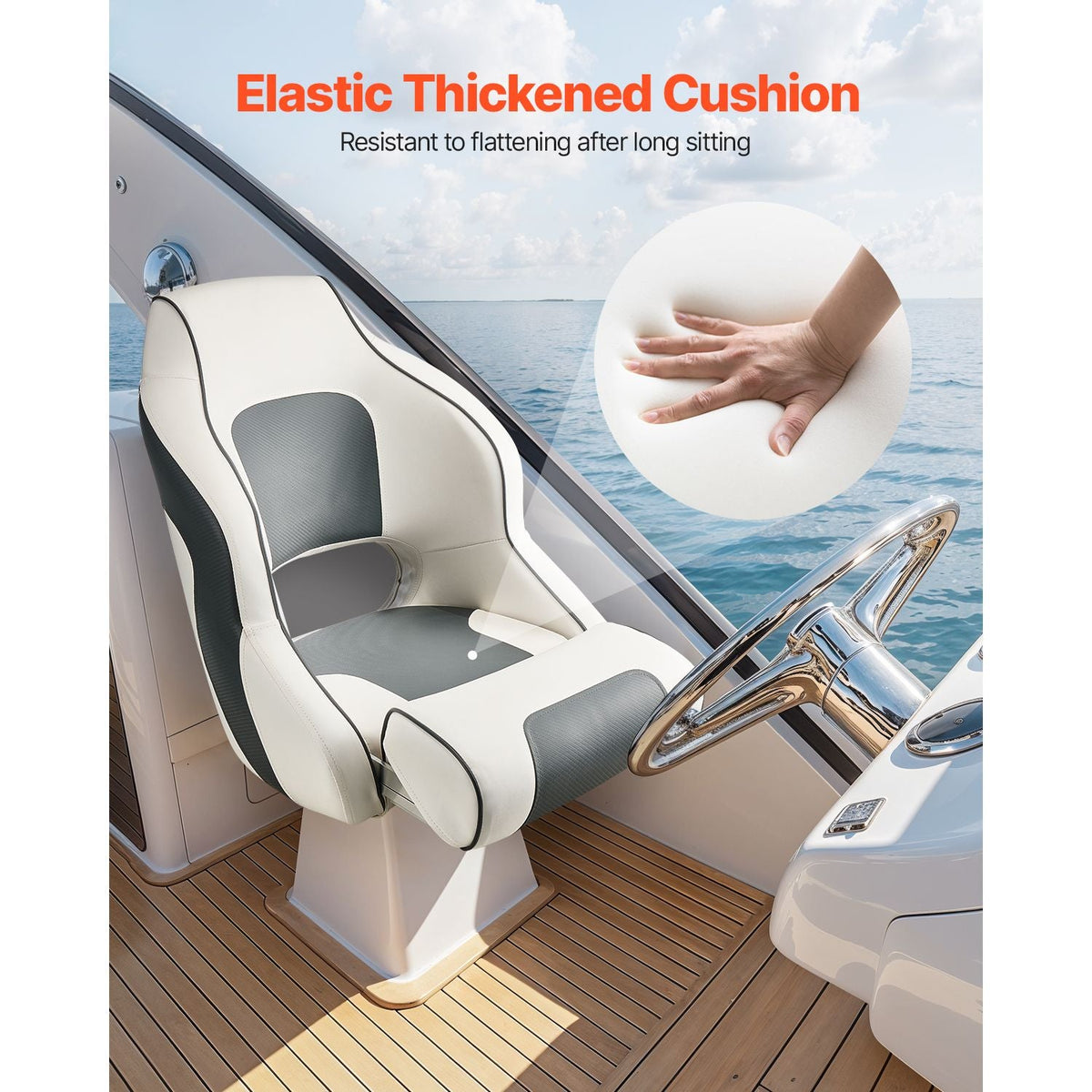 Boat Seat, High Backrest, Flip Up Boat Seat Captain Bucket Seat with Thickened Sponge Cushion & Waterproof PVC Leather, Ergonomic Design, Folding Boat Seat for Boats, Yachts, Ships, White & Grey