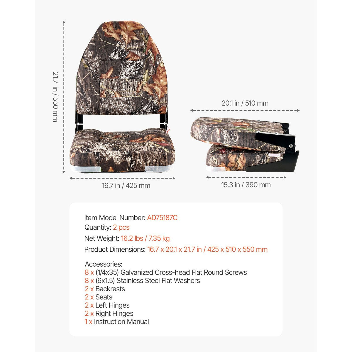 Boat Seat, High Backrest, Folding Fishing Boat Seat with Thickened Sponge Cushion & PU Polyester Fabric, Aluminum Alloy Hinges, Flip Up Boat Seat for Boats, Yachts, Ships, Camouflage (2 Seats)