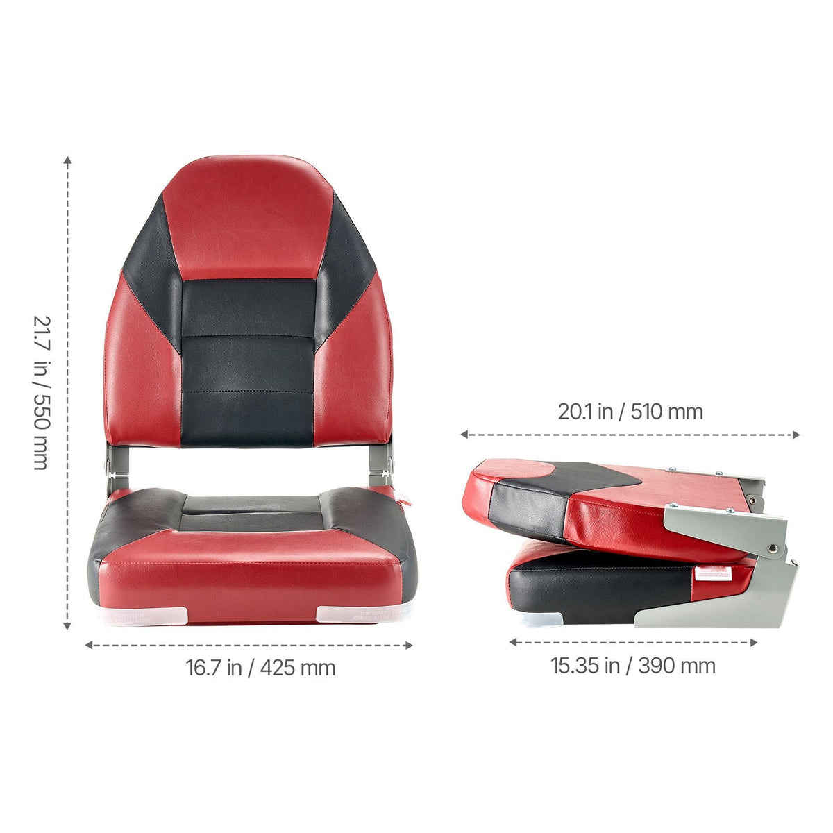 Boat Seat, High Backrest, Folding Fishing Boat Seat with Thickened Sponge Cushion & Waterproof PVC Leather, Aluminum Alloy Hinges, Flip Up Boat Seat for Boats, Yachts, Ships, Black & Red