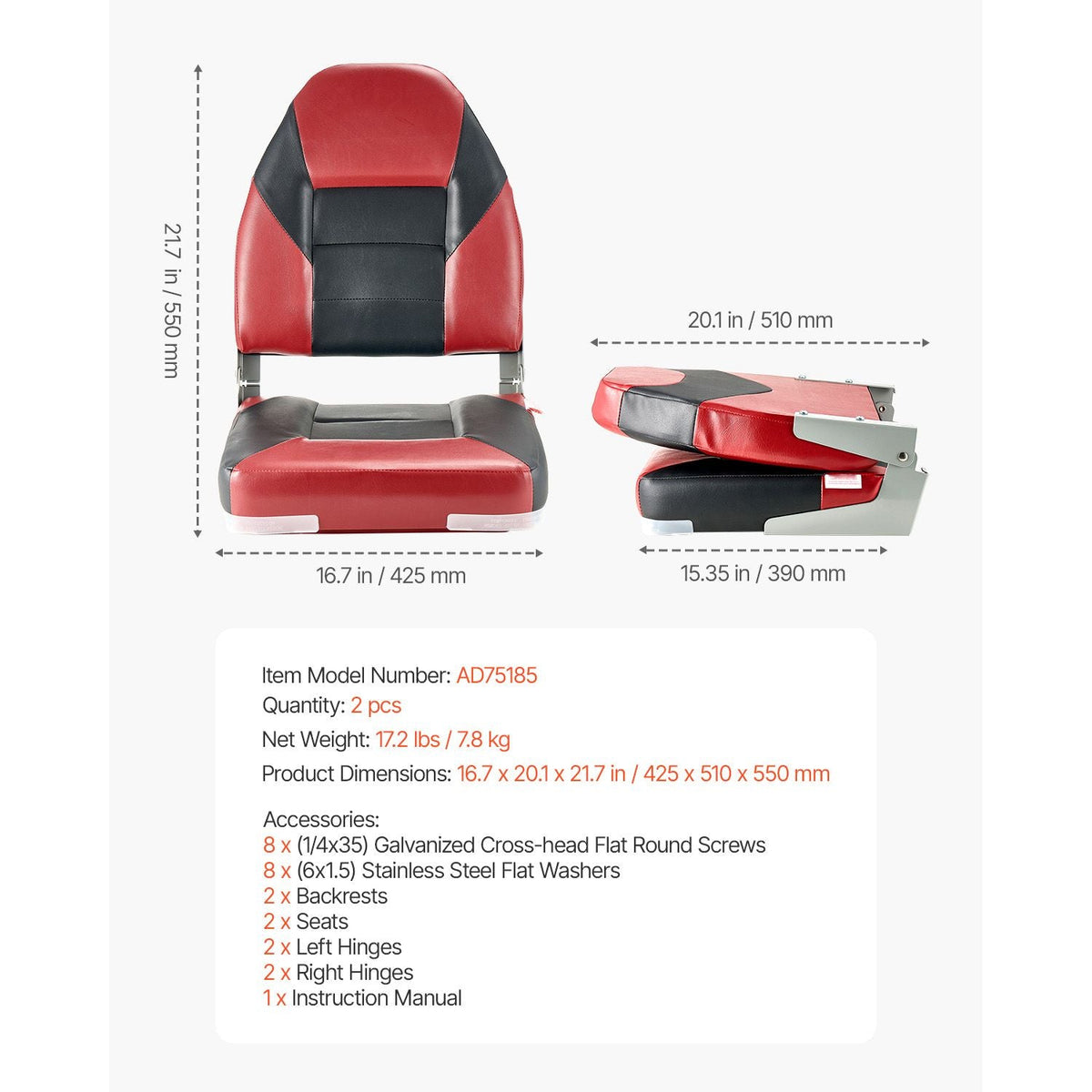 Boat Seat, High Backrest, Folding Fishing Boat Seat with Thickened Sponge Cushion & Waterproof PVC Leather, Aluminum Alloy Hinges, Flip Up Boat Seat for Boats, Yachts, Ships, Black & Red