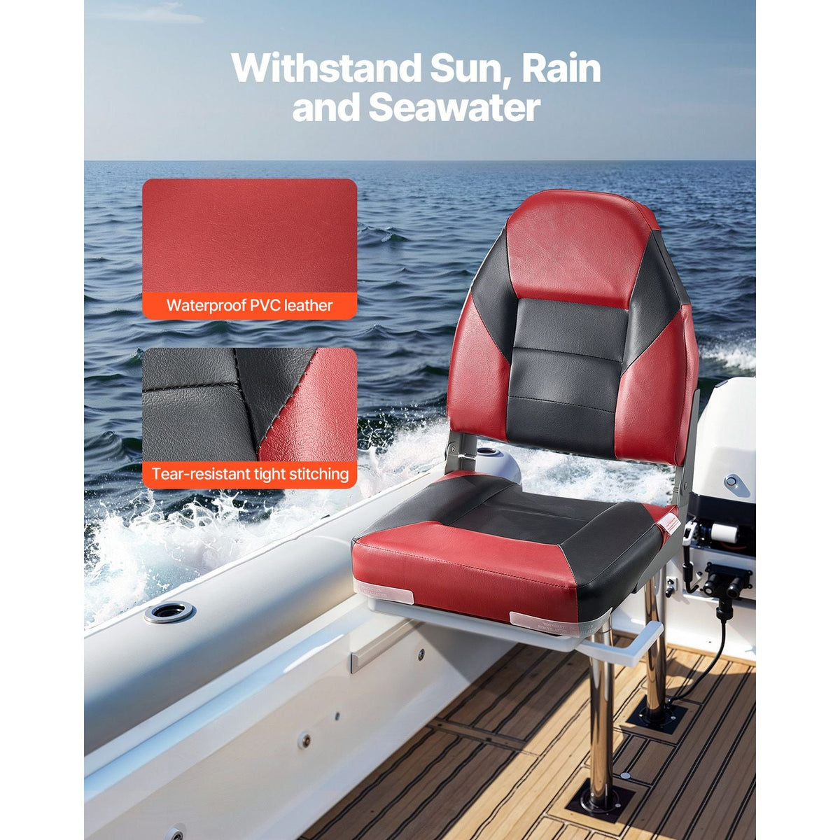 Boat Seat, High Backrest, Folding Fishing Boat Seat with Thickened Sponge Cushion & Waterproof PVC Leather, Aluminum Alloy Hinges, Flip Up Boat Seat for Boats, Yachts, Ships, Black & Red