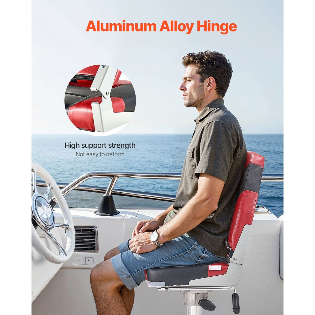 Boat Seat, High Backrest, Folding Fishing Boat Seat with Thickened Sponge Cushion & Waterproof PVC Leather, Aluminum Alloy Hinges, Flip Up Boat Seat for Boats, Yachts, Ships, Black & Red