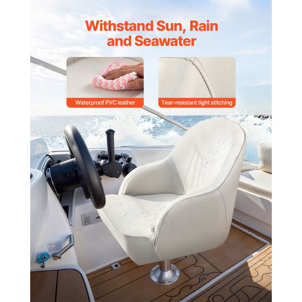 Boat Seat, Low Backrest, Boat Seat Captain Bucket Seat with Thickened Sponge Cushion & Waterproof PVC Leather, Ergonomic Design, Suitable for Fishing Boats, Yachts, Ships, White