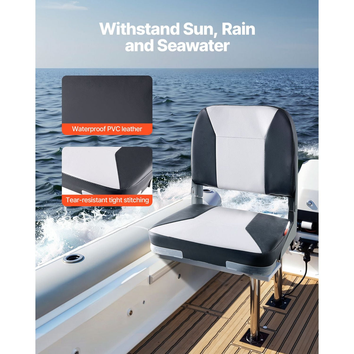 Boat Seat, Low Backrest, Folding Fishing Boat Seat with Thickened Sponge Cushion & Waterproof PVC Leather, Aluminum Alloy Hinges, Flip Up Boat Seat for Fishing Boats, Yachts, Ships, Black & Grey