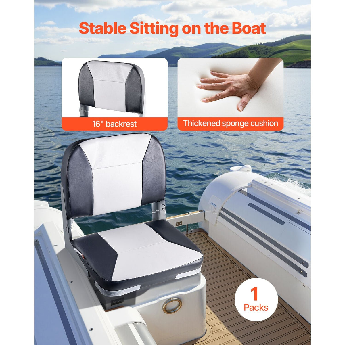 Boat Seat, Low Backrest, Folding Fishing Boat Seat with Thickened Sponge Cushion & Waterproof PVC Leather, Aluminum Alloy Hinges, Flip Up Boat Seat for Fishing Boats, Yachts, Ships, Black & Grey