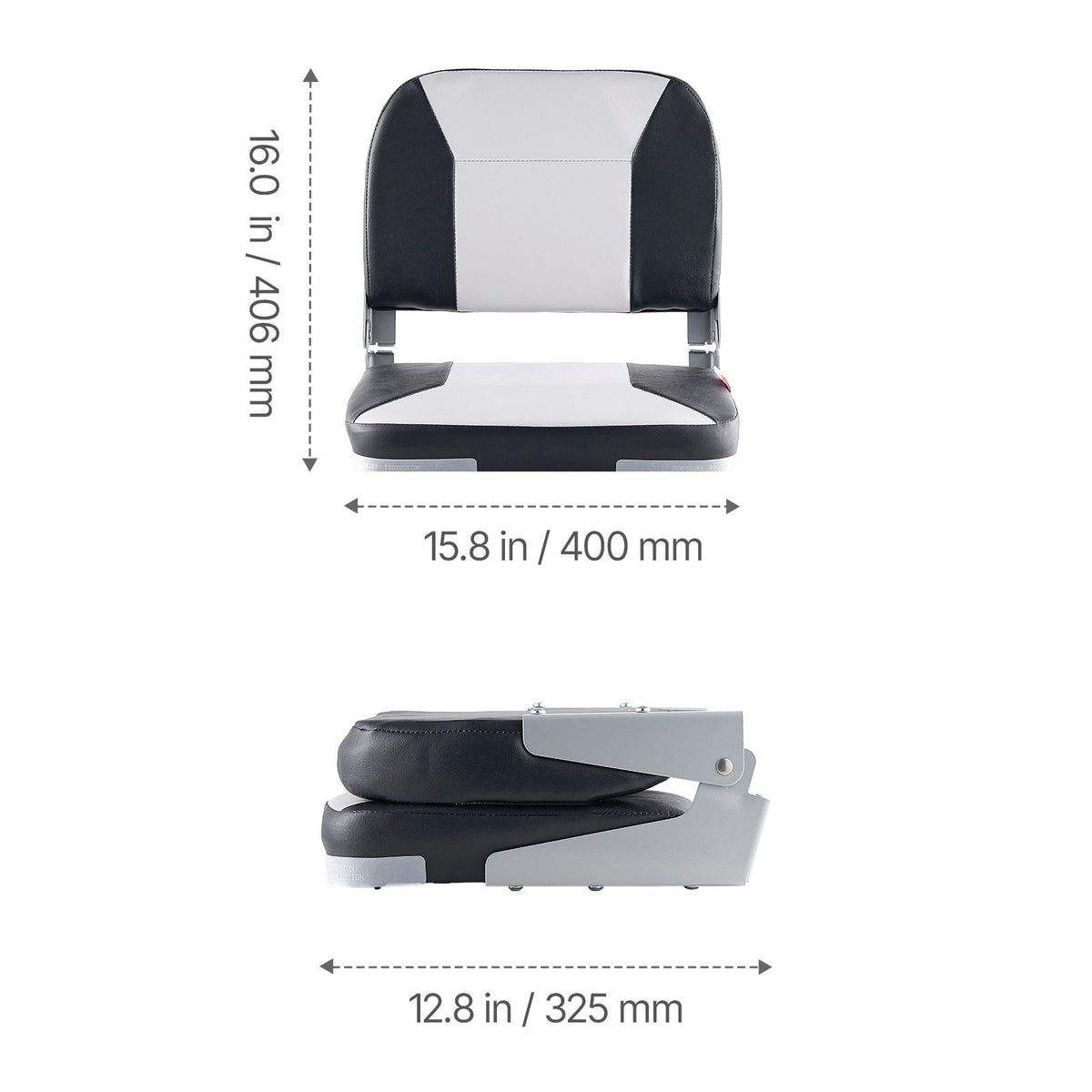 Boat Seat, Low Backrest, Folding Fishing Boat Seat with Thickened Sponge Cushion & Waterproof PVC Leather, Aluminum Alloy Hinges, Flip Up Boat Seat for Fishing Boats, Yachts, Ships, Black & Grey