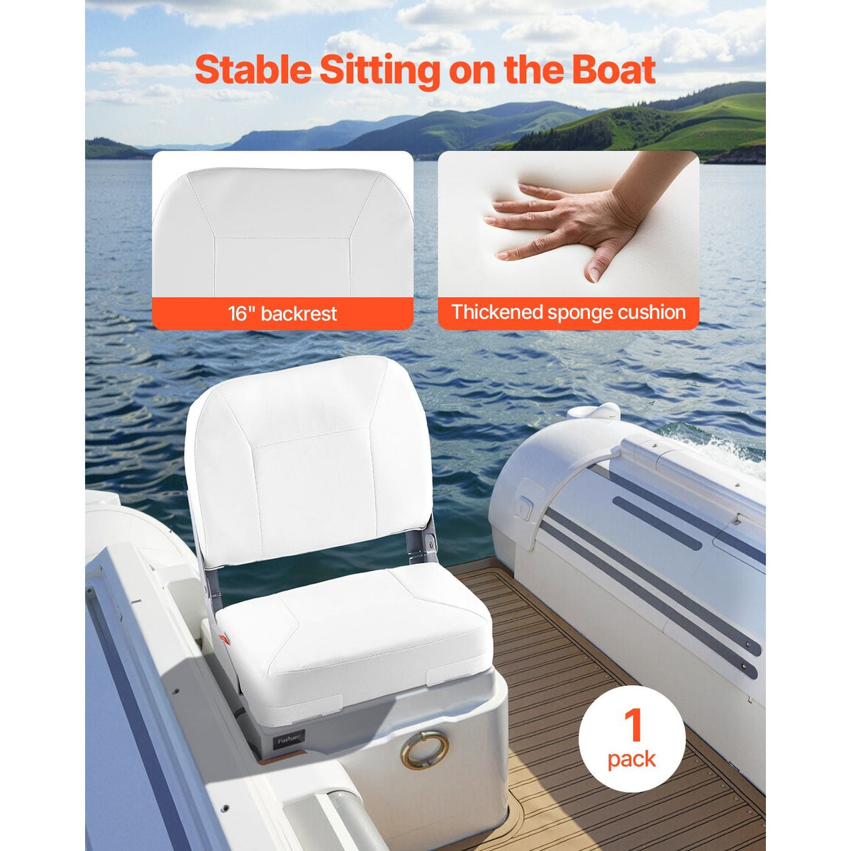 Boat Seat, Low Backrest, Folding Fishing Boat Seat with Thickened Sponge Cushion & Waterproof PVC Leather, Aluminum Alloy Hinges, Flip Up Boat Seat for Fishing Boats, Yachts, Ships, White