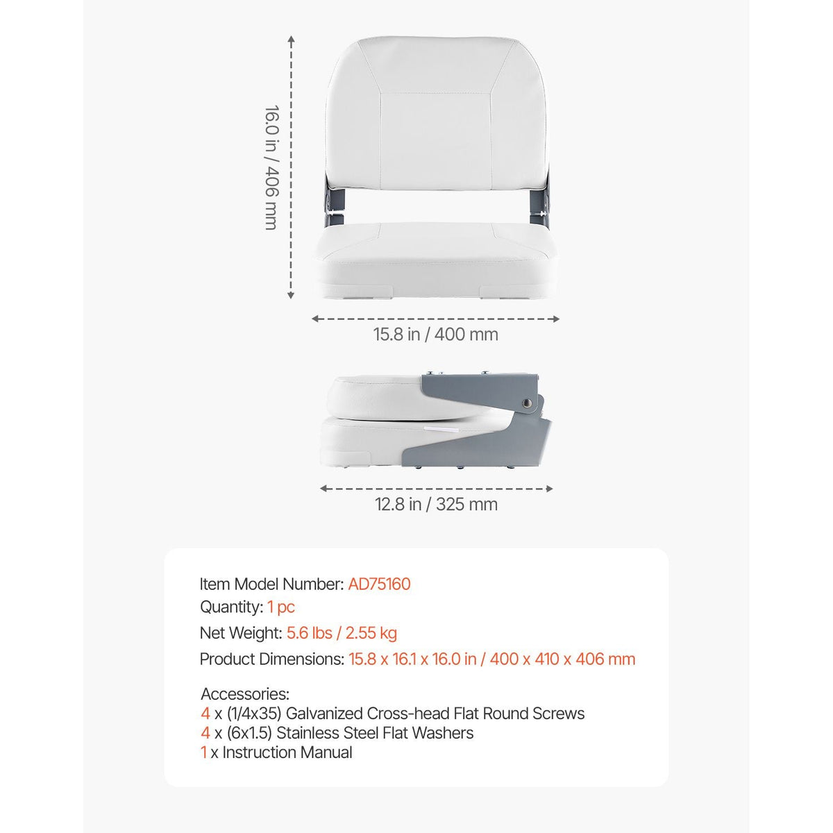 Boat Seat, Low Backrest, Folding Fishing Boat Seat with Thickened Sponge Cushion & Waterproof PVC Leather, Aluminum Alloy Hinges, Flip Up Boat Seat for Fishing Boats, Yachts, Ships, White