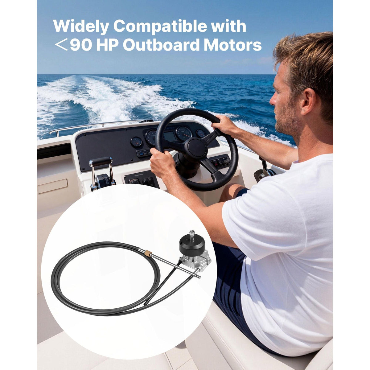 Boat Steering System, 17 ft Boat Control Cable Outboard Rotary Steering System Kit with Aluminum Alloy Helm, Durable Marine Replacement for Fishing Boats, Small Sailboats, Speedboats, Lifeboats