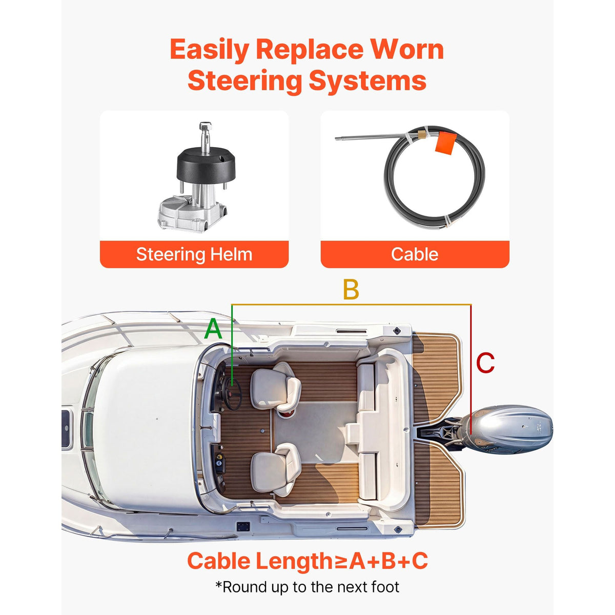 Boat Steering System, 17 ft Boat Control Cable Outboard Rotary Steering System Kit with Aluminum Alloy Helm, Durable Marine Replacement for Fishing Boats, Small Sailboats, Speedboats, Lifeboats