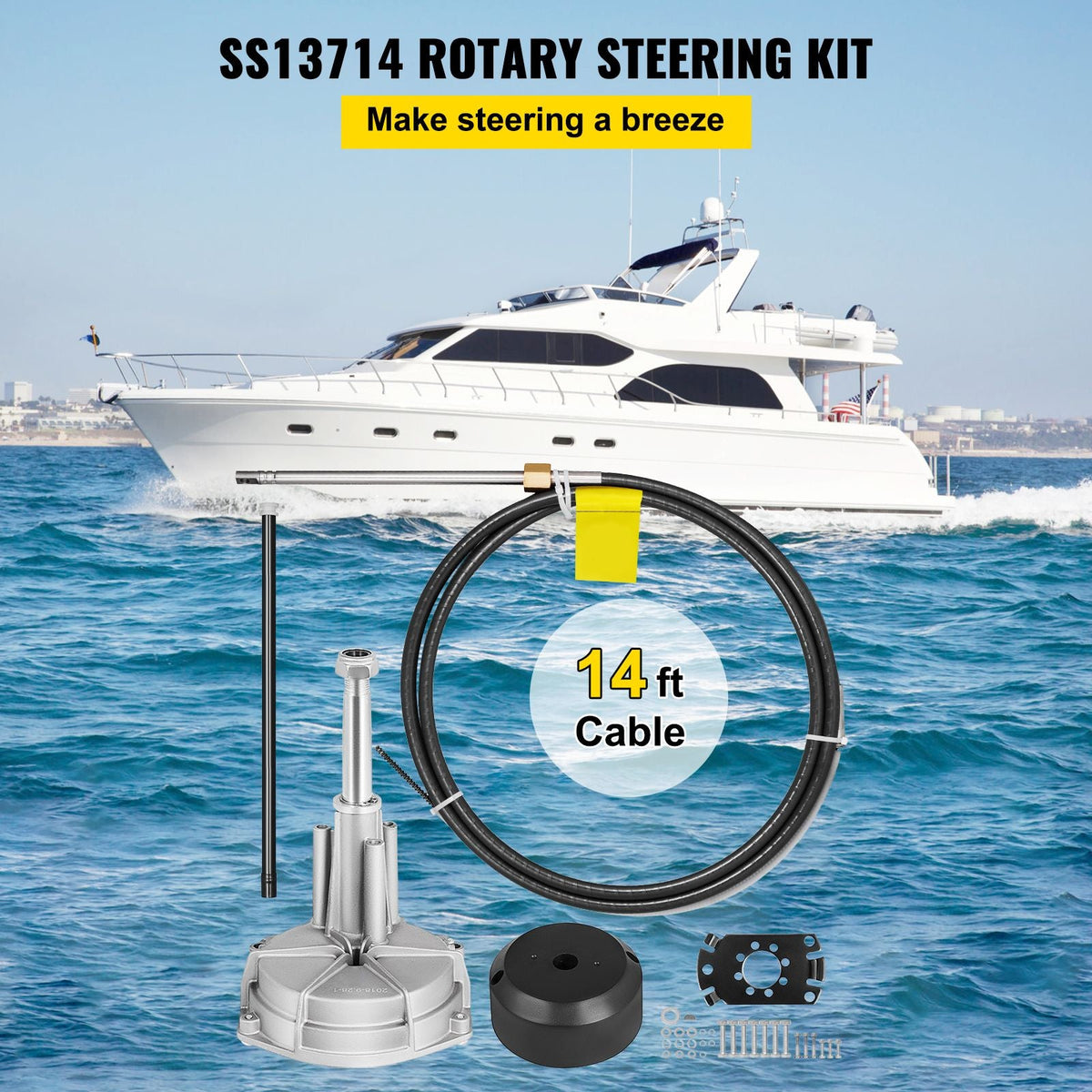 Boat Steering System, Outboard Steering Kit with Boat Steering Control Cable 14' Steering Cable Marine Steering System 3/4" Shaft