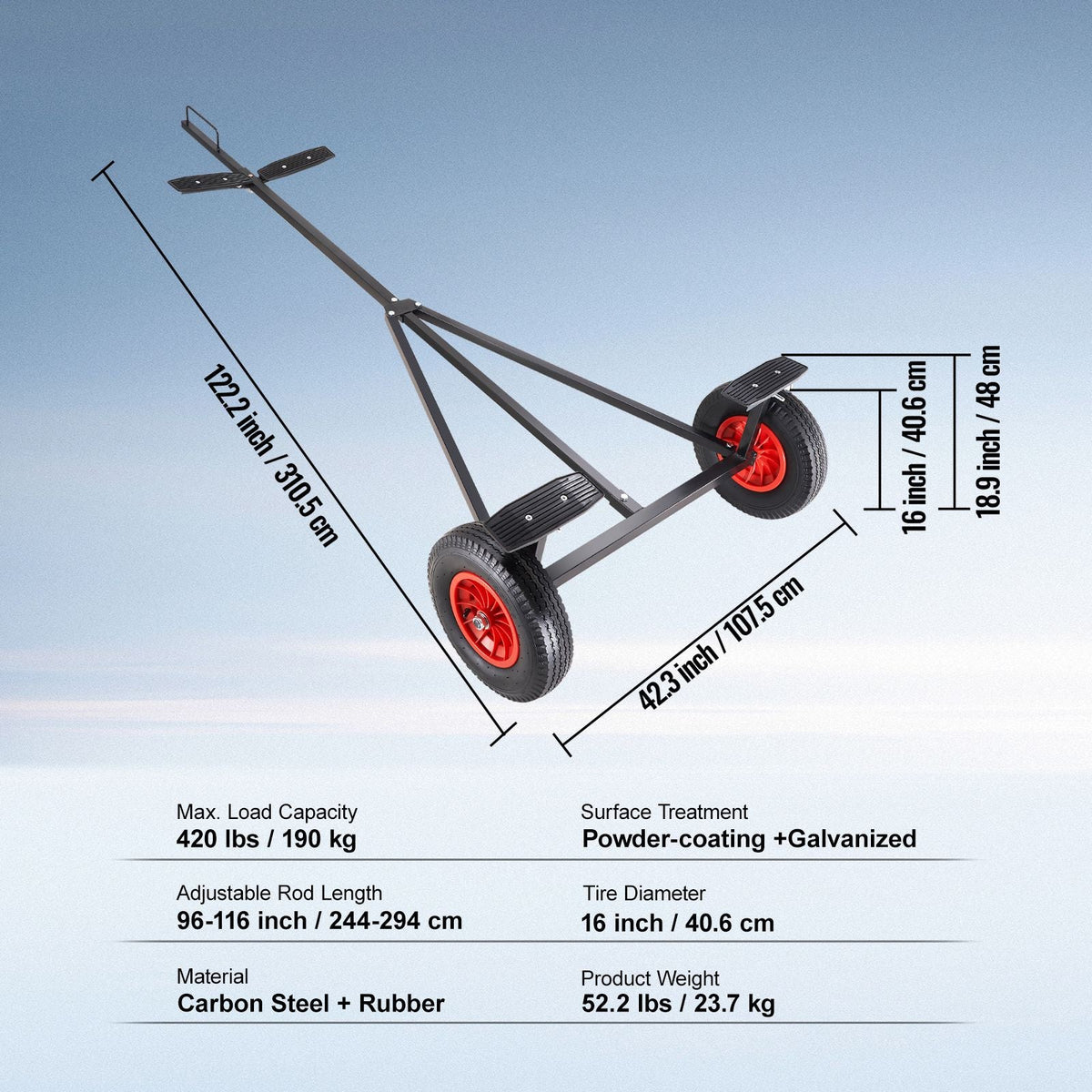 Boat Trailer Dolly, 420lbs Load Capacity, Carbon Steel Trailer Mover with 96''-116'' Adjustable Length, 16'' Pneumatic Tires & Nonslip Support Bracket, for Moving Kayak Motorboat Fishing Boat
