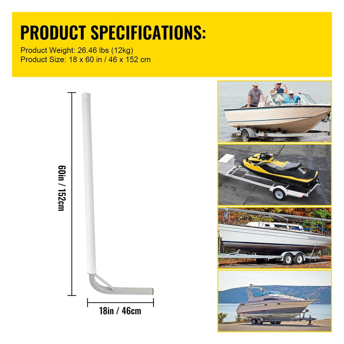 Boat Trailer Guide-on, 60\", 2PCS Steel Trailer Post Guide ons, with White PVC Tube Covers, Complete Mounting Accessories Included, for Ski Boat, Fishing Boat or Sailboat Trailer