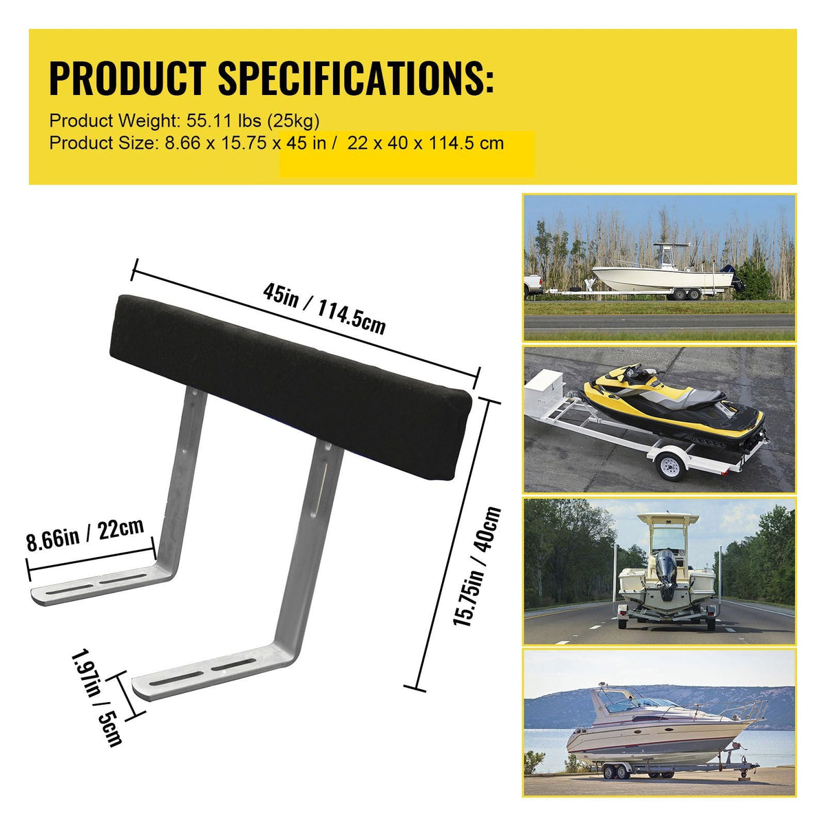 Boat Trailer Guide-ons, 48", 2 PCS Rustproof Steel Trailer Guide ons, Trailer Guides with Carpet-Padded Boards, Mounting Parts Included, for Ski Boat, Fishing Boat or Sailboat Trailer