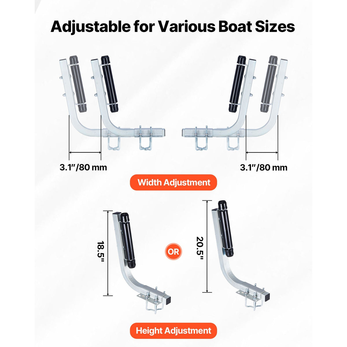 Boat Trailer Guides, 18.5 in/20.5 in Height Adjustable Trailers Guide, 2PCS Thickened High-Duty Steel Trailer Guide-Ons with Smooth Roller Guidance, for V-Hull Boats, Small to Mid-Size Boats
