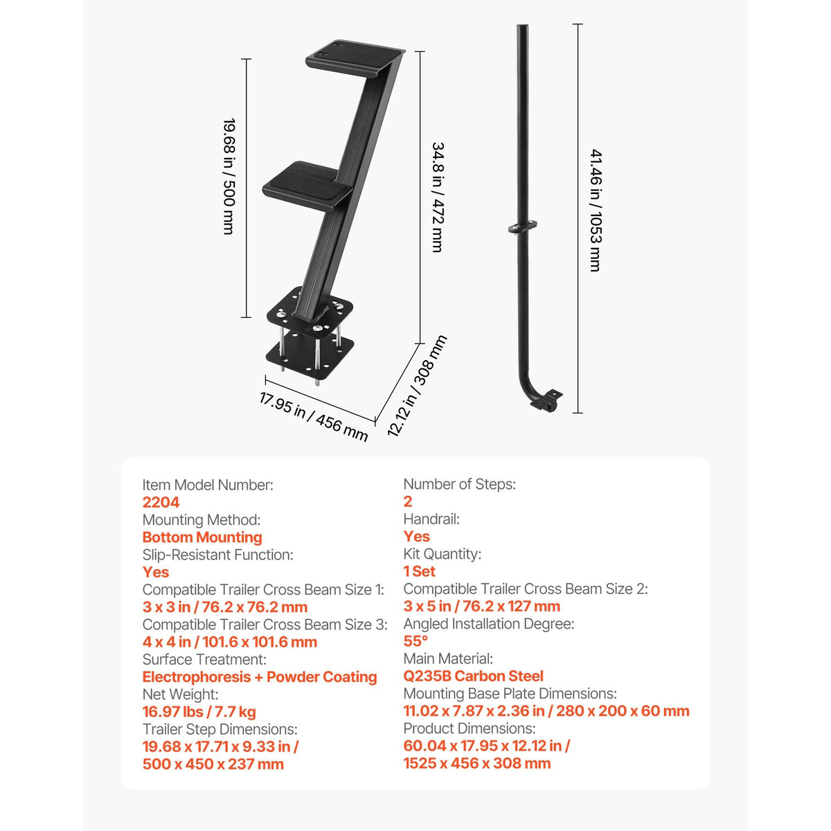 Boat Trailer Steps, 2-Step, Heavy-Duty Boat Trailer Steps with Handle, Non-Slip Surface, 3 Mounting Angle Options, Carbon Steel Ladder Suitable for 3" x 3"/3" x 5"/4" x 4" Frame, Bottom Mounting