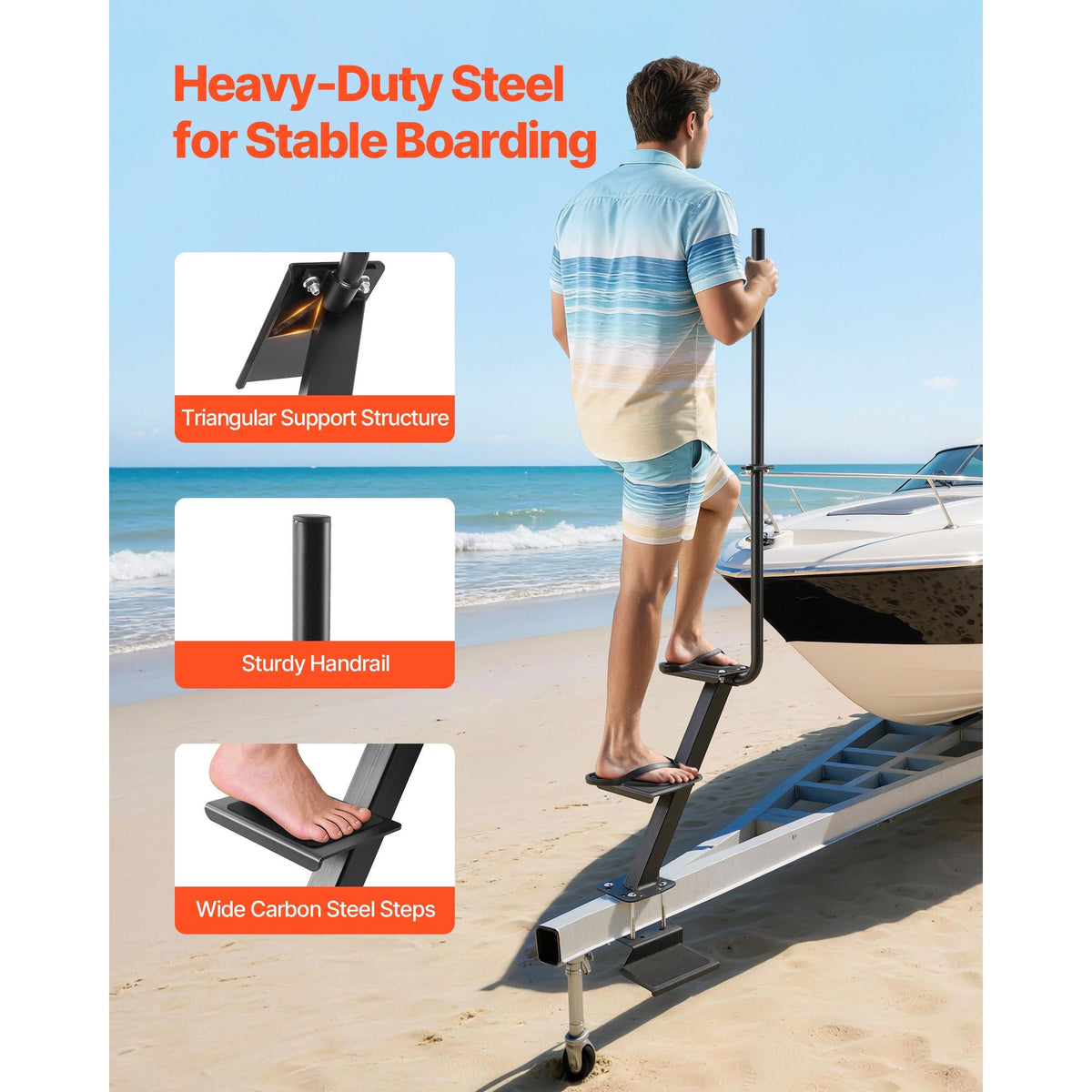 Boat Trailer Steps, 3-Step, Heavy-Duty Boat Trailer Steps with Handle, Non-Slip Surface, 3 Mounting Angle Options, Carbon Steel Ladder Suitable for 3" x 3"/3" x 5"/4" x 4" Frame, Bottom Mounting