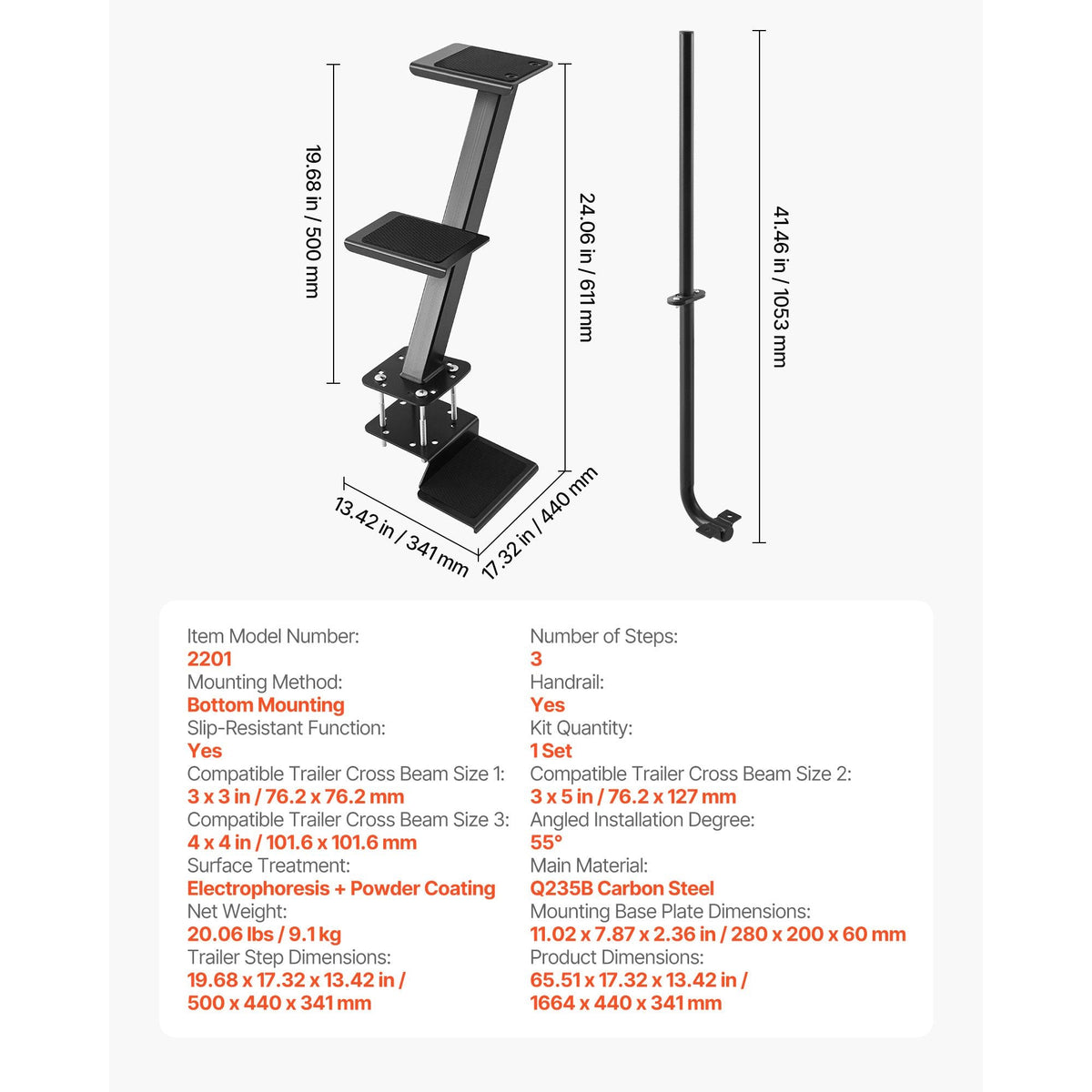 Boat Trailer Steps, 3-Step, Heavy-Duty Boat Trailer Steps with Handle, Non-Slip Surface, 3 Mounting Angle Options, Carbon Steel Ladder Suitable for 3" x 3"/3" x 5"/4" x 4" Frame, Bottom Mounting