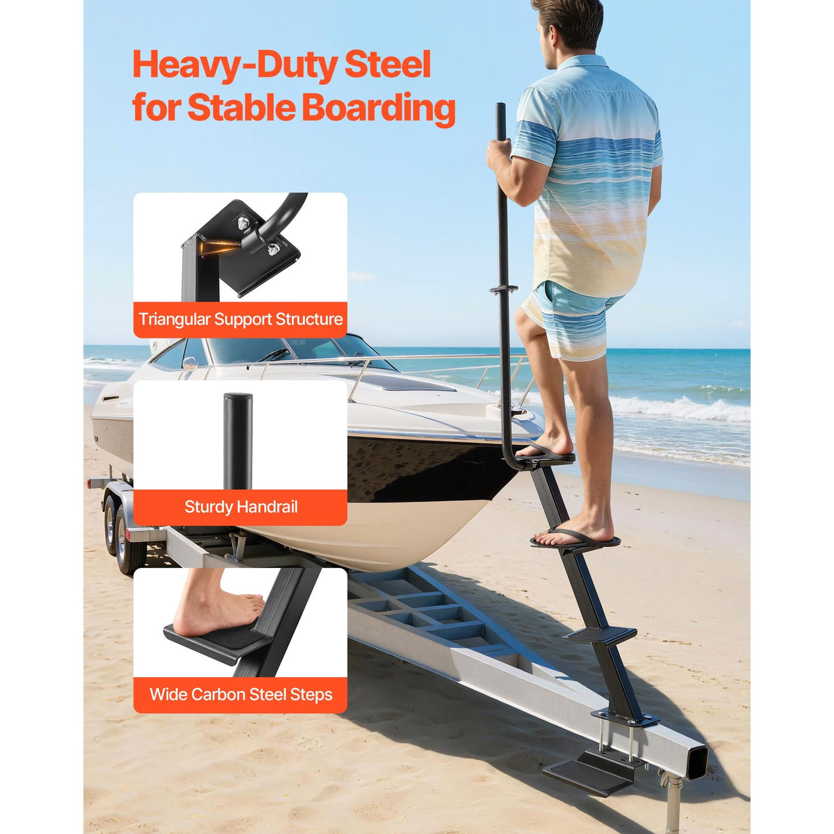 Boat Trailer Steps, 4-Step, Heavy-Duty Boat Trailer Steps with Handle, Non-Slip Surface, 3 Mounting Angle Options, Carbon Steel Ladder Suitable for 3" x 3"/3" x 5"/4" x 4" Frame, Bottom Mounting