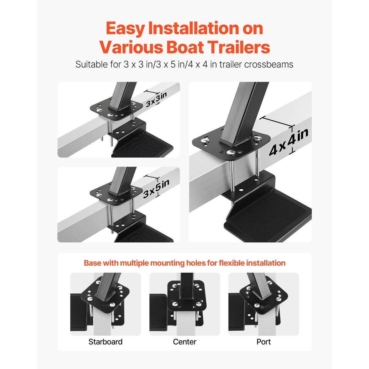 Boat Trailer Steps, 4-Step, Heavy-Duty Boat Trailer Steps with Handle, Non-Slip Surface, 3 Mounting Angle Options, Carbon Steel Ladder Suitable for 3" x 3"/3" x 5"/4" x 4" Frame, Bottom Mounting