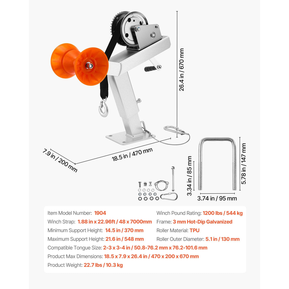 Boat Trailer Winch Stand with Roller, 1200 lbs Winch & 2 in x 25 ft Winch Strap, Boat Winch Mount with U-Bolt for 2-3 Inches W x 3-4 Inches H Trailer Tongue, Fit for Jet Ski, Sailboat, Speedboat
