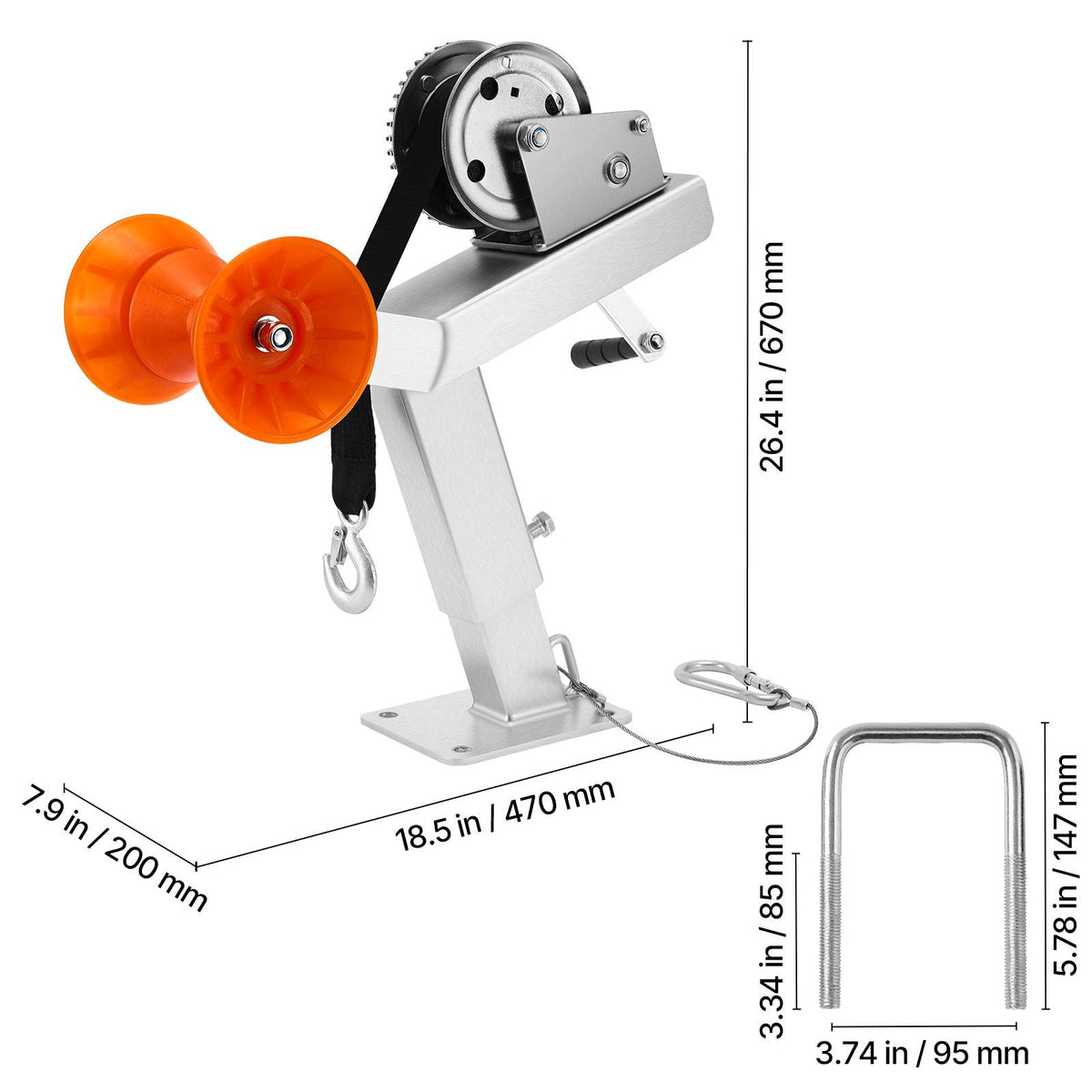 Boat Trailer Winch Stand with Roller, 1200 lbs Winch & 2 in x 25 ft Winch Strap, Boat Winch Mount with U-Bolt for 2-3 Inches W x 3-4 Inches H Trailer Tongue, Fit for Jet Ski, Sailboat, Speedboat